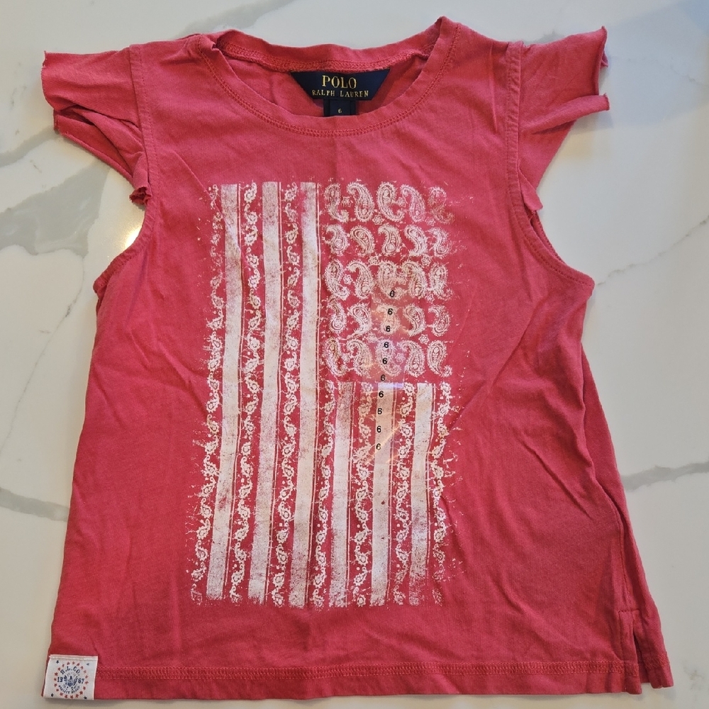 Polo RL Flag Print Girls Flutter Sleeve Tee Size 6